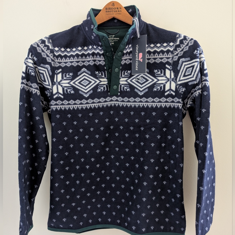 VINEYARD VINES Boys Harbor Sweater 1/4 Pullover Youth L 16 Fleece Fair Isle NWT